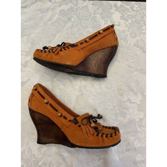 Sam Edelman Size 6M Angelina Moccasin Wedge Shoe Orange Fringe Suede - Picture 9 of 16